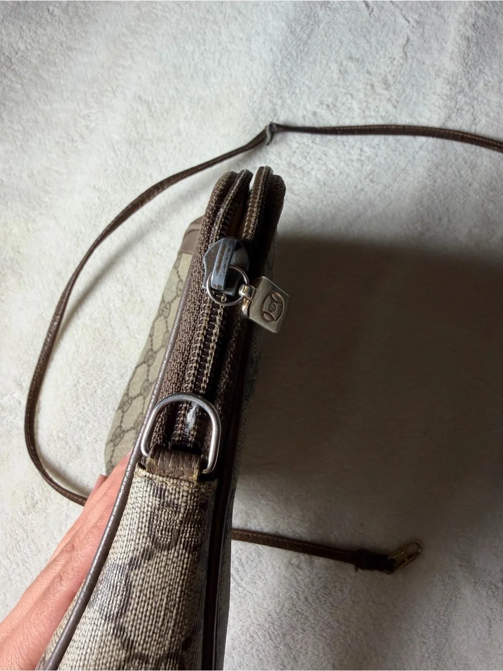 Gucci Beige GG Monogram Messenger Bag with Brown Trim